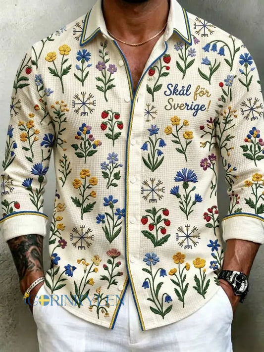Herrretro svensk midsommarfolkaldrigblommig vafeltröja med långa ärmar - bäie / S