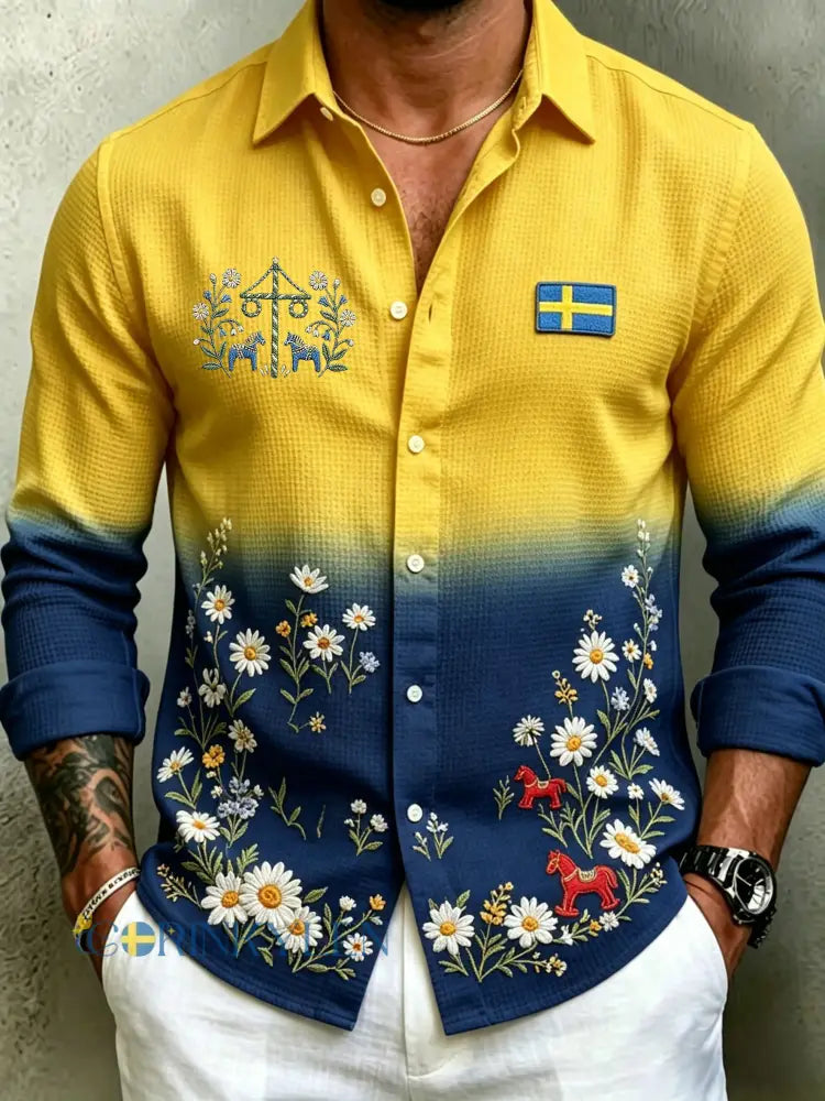 Herrretro svensk midsommarfolkaldrigblommig vafeltröja med långa ärmar - blå / S