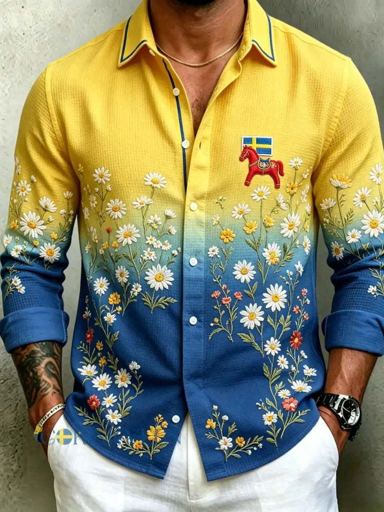 Herrretro svensk midsommarfolkaldrigblommig vafeltröja med långa ärmar - blå / S