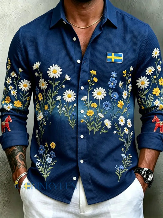 Herrretro svensk midsommarfolkaldrigblommig vafeltröja med långa ärmar - blå / S