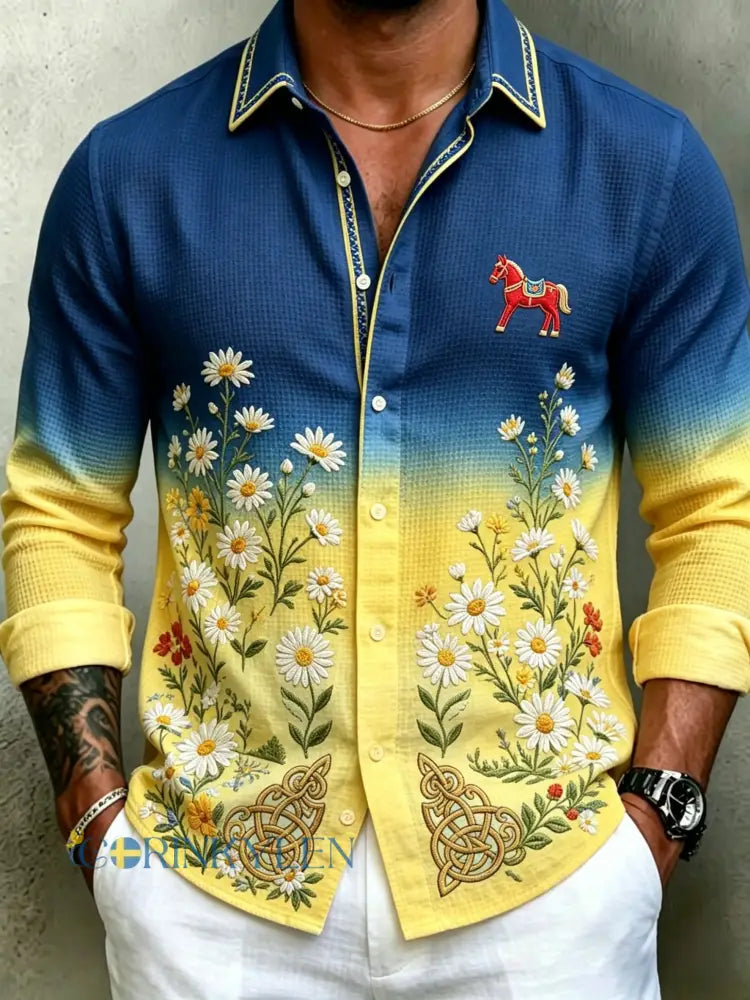 Herrretro svensk midsommarfolkaldrigblommig vafeltröja med långa ärmar - blå / S