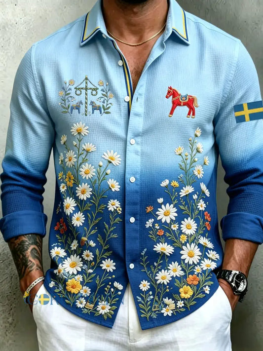 Herrretro svensk midsommarfolkaldrigblommig vafeltröja med långa ärmar - blå / S