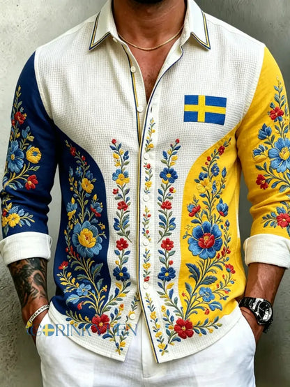 Herrretro svensk midsommarfolkaldrigblommig vafeltröja med långa ärmar - vitt / S