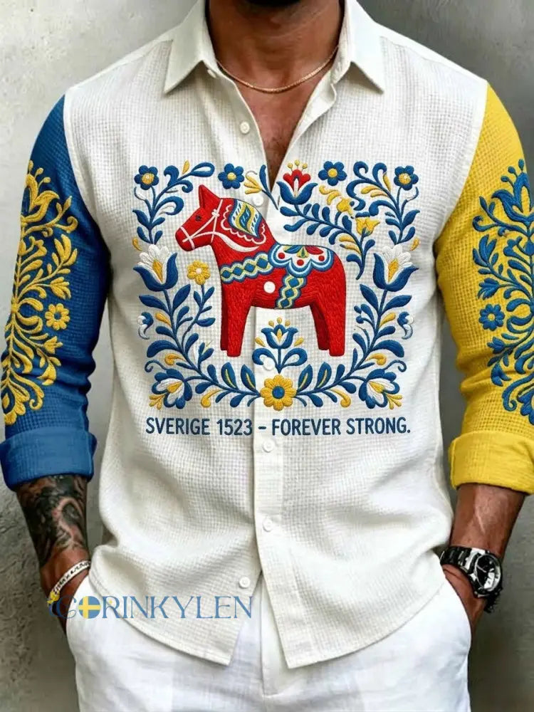 Herrretro svensk midsommarfolkaldrigblommig vafeltröja med långa ärmar - vitt / S