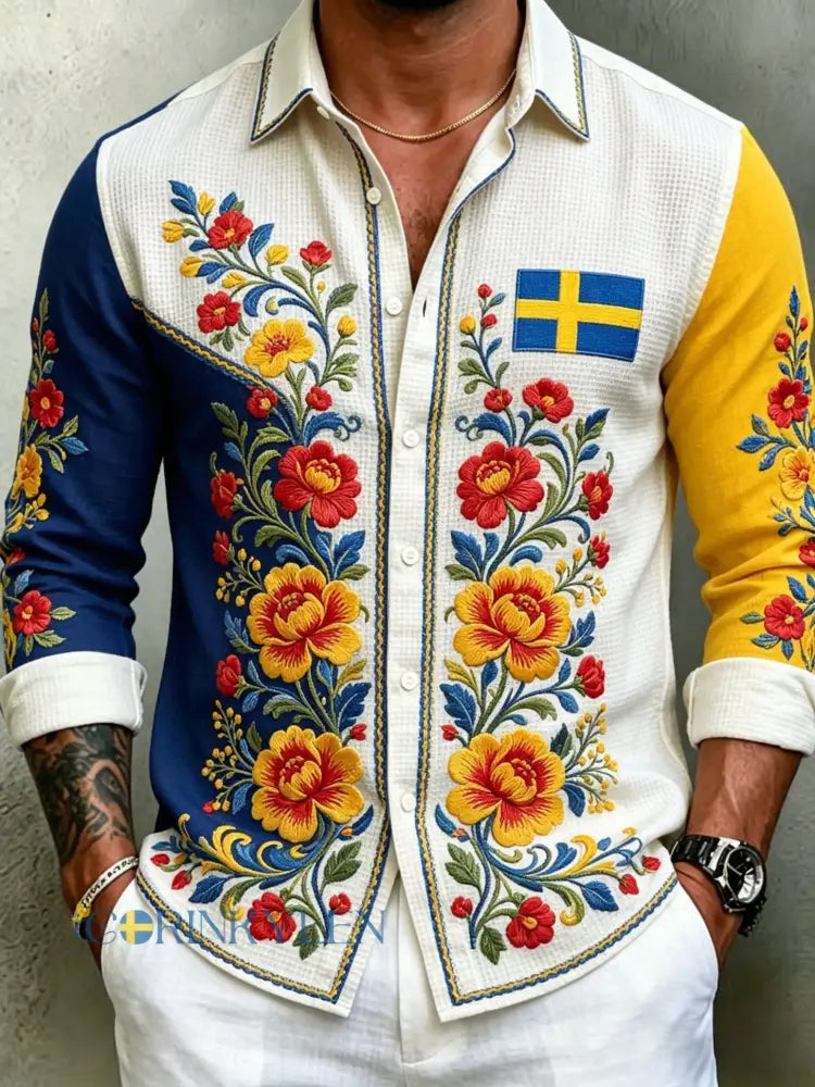 Herrretro svensk midsommarfolkaldrigblommig vafeltröja med långa ärmar - vitt / S