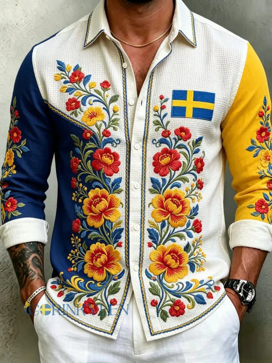 Herrretro svensk midsommarfolkaldrigblommig vafeltröja med långa ärmar - vitt / S