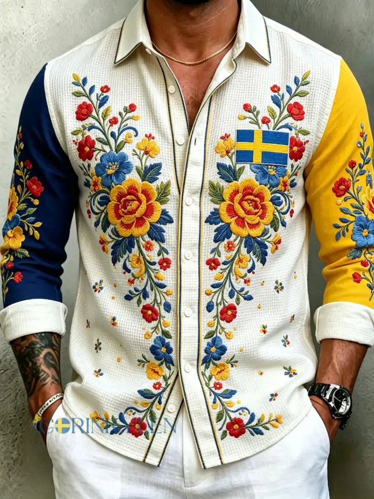Herrretro svensk midsommarfolkaldrigblommig vafeltröja med långa ärmar - vitt / S