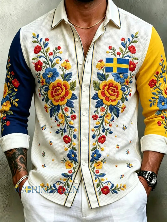 Herrretro svensk midsommarfolkaldrigblommig vafeltröja med långa ärmar - vitt / S