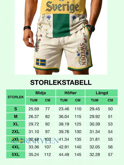 Herrretro svensk midsommarfolkaldrigblommigt tryckt avslappnat polotröja- och shortsset