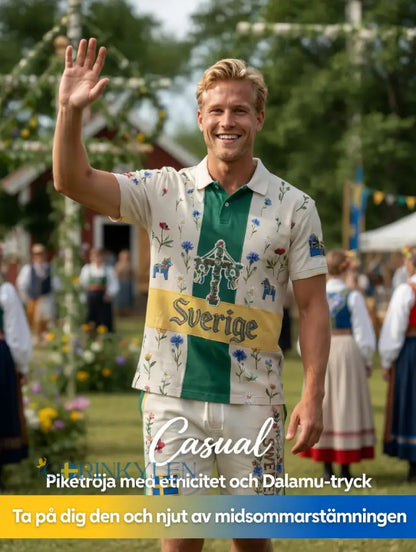 Herrretro svensk midsommarfolkaldrigblommigt tryckt avslappnat polotröja- och shortsset