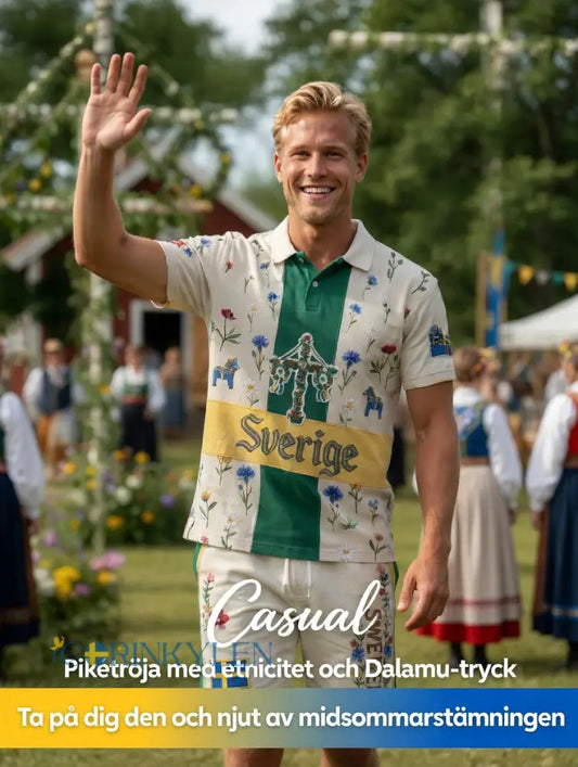 Herrretro svensk midsommarfolkaldrigblommigt tryckt avslappnat polotröja- och shortsset