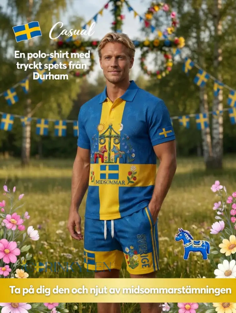 Herrretro svensk midsommarfolkaldrigblommigt tryckt avslappnat polotröja- och shortsset