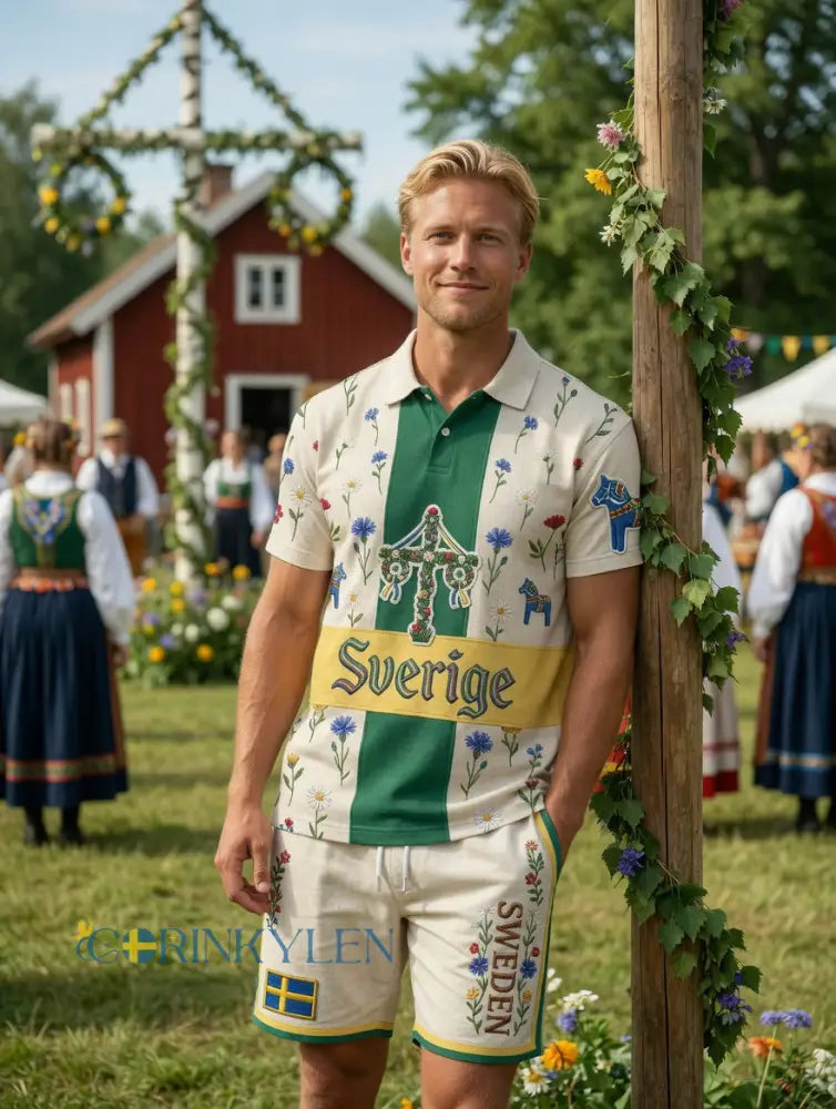 Herrretro svensk midsommarfolkaldrigblommigt tryckt avslappnat polotröja- och shortsset