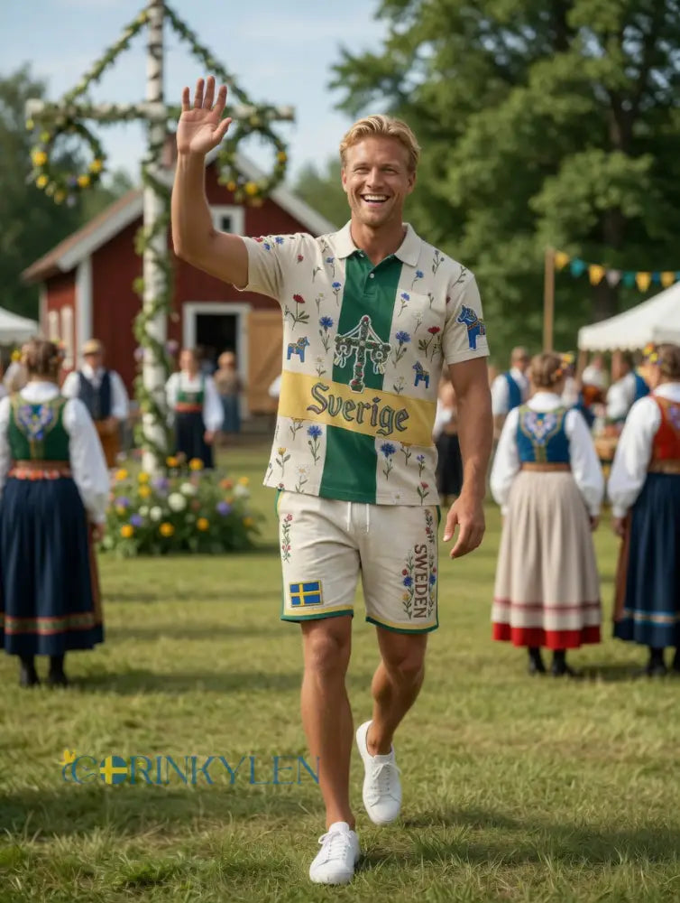 Herrretro svensk midsommarfolkaldrigblommigt tryckt avslappnat polotröja- och shortsset