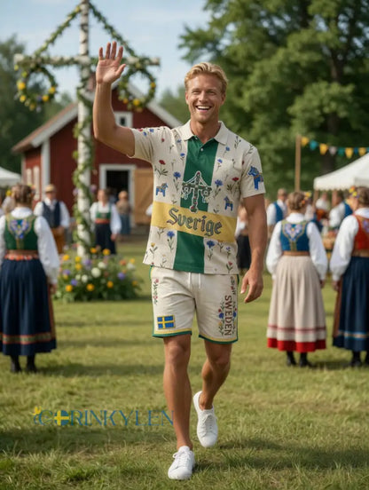 Herrretro svensk midsommarfolkaldrigblommigt tryckt avslappnat polotröja- och shortsset