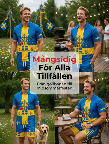 Herrretro svensk midsommarfolkaldrigblommigt tryckt avslappnat polotröja- och shortsset