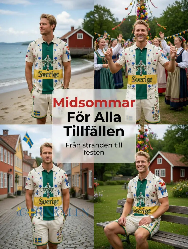 Herrretro svensk midsommarfolkaldrigblommigt tryckt avslappnat polotröja- och shortsset