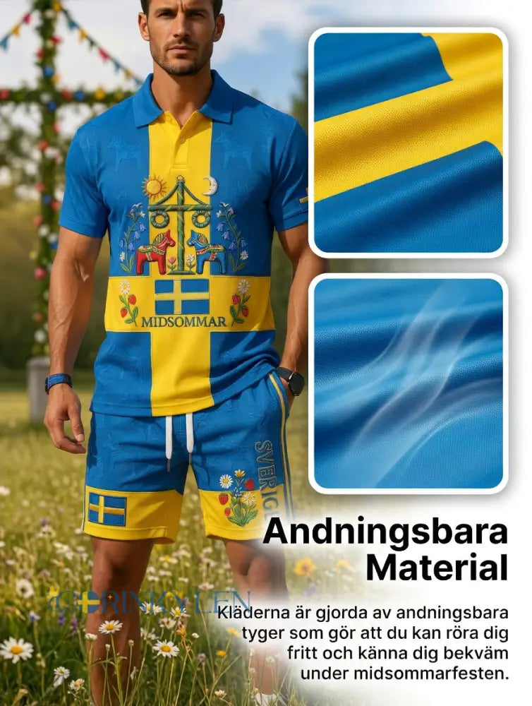 Herrretro svensk midsommarfolkaldrigblommigt tryckt avslappnat polotröja- och shortsset