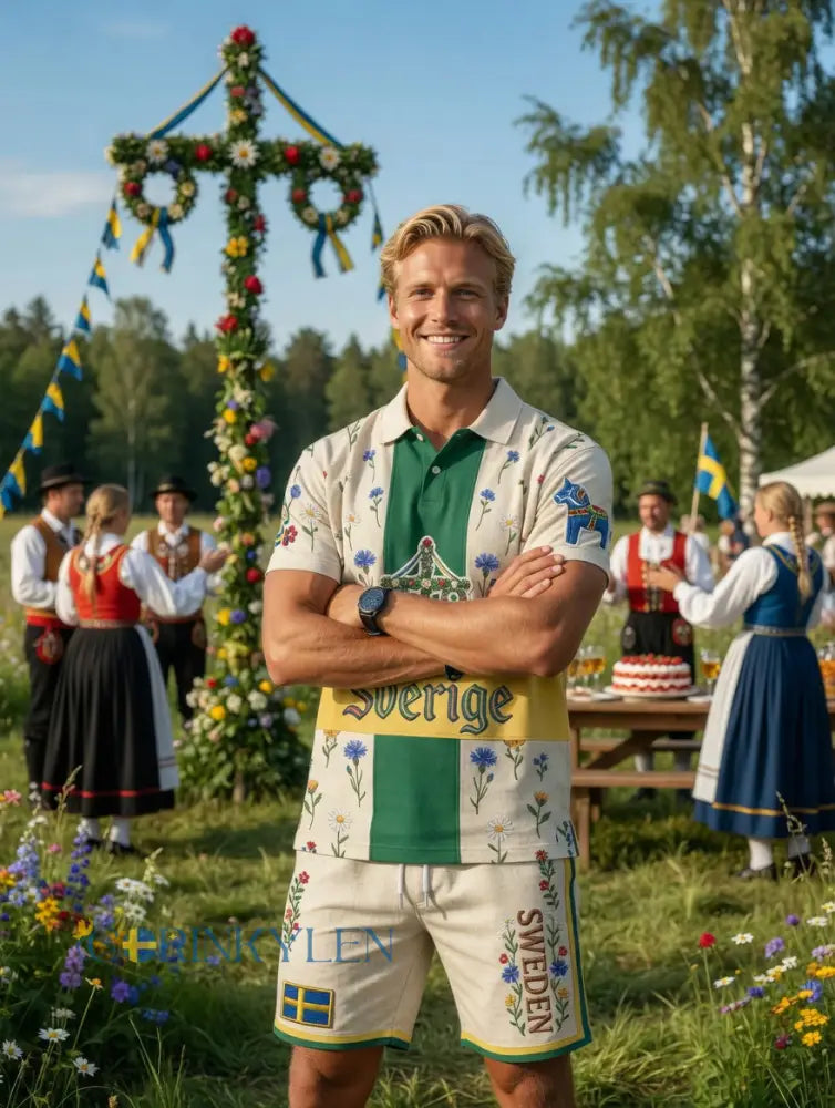Herrretro svensk midsommarfolkaldrigblommigt tryckt avslappnat polotröja- och shortsset