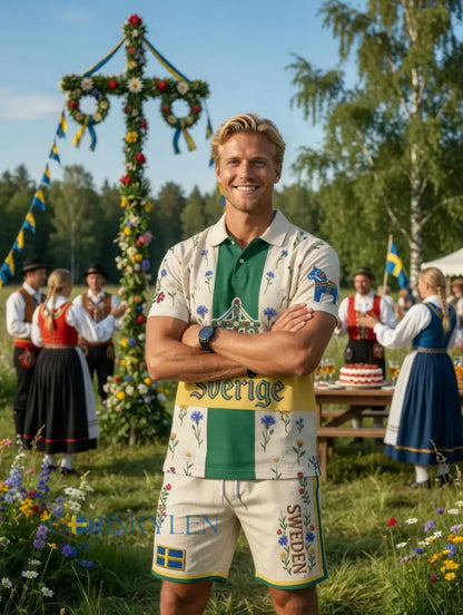 Herrretro svensk midsommarfolkaldrigblommigt tryckt avslappnat polotröja- och shortsset