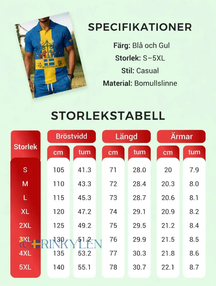 Herrretro svensk midsommarfolkaldrigblommigt tryckt avslappnat polotröja- och shortsset