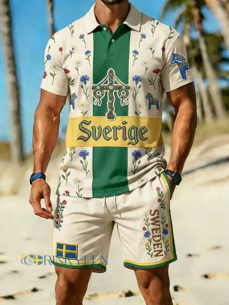Herrretro svensk midsommarfolkaldrigblommigt tryckt avslappnat polotröja- och shortsset - bäie / S