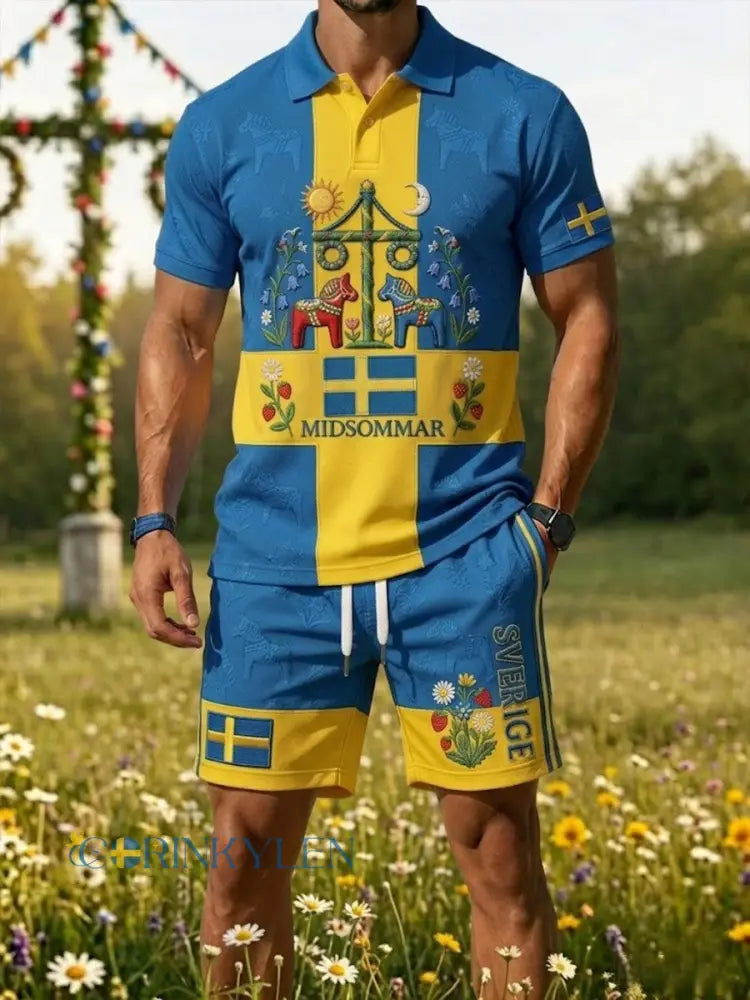 Herrretro svensk midsommarfolkaldrigblommigt tryckt avslappnat polotröja- och shortsset - blå / S