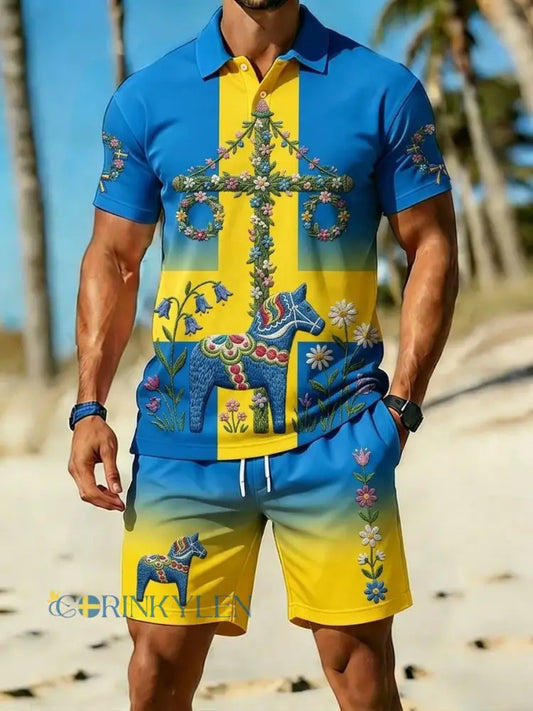 Herrretro svensk midsommarfolkaldrigblommigt tryckt avslappnat polotröja- och shortsset - blå / S