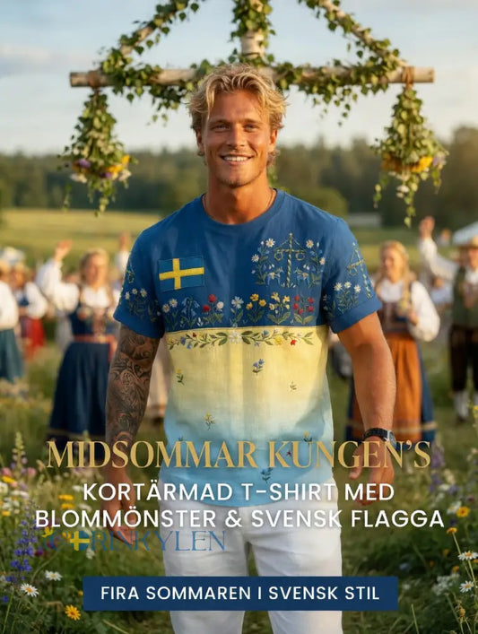 Herrretro svensk midsommarfolkalinsk bomull-linne t-shirt med korta ärmarna