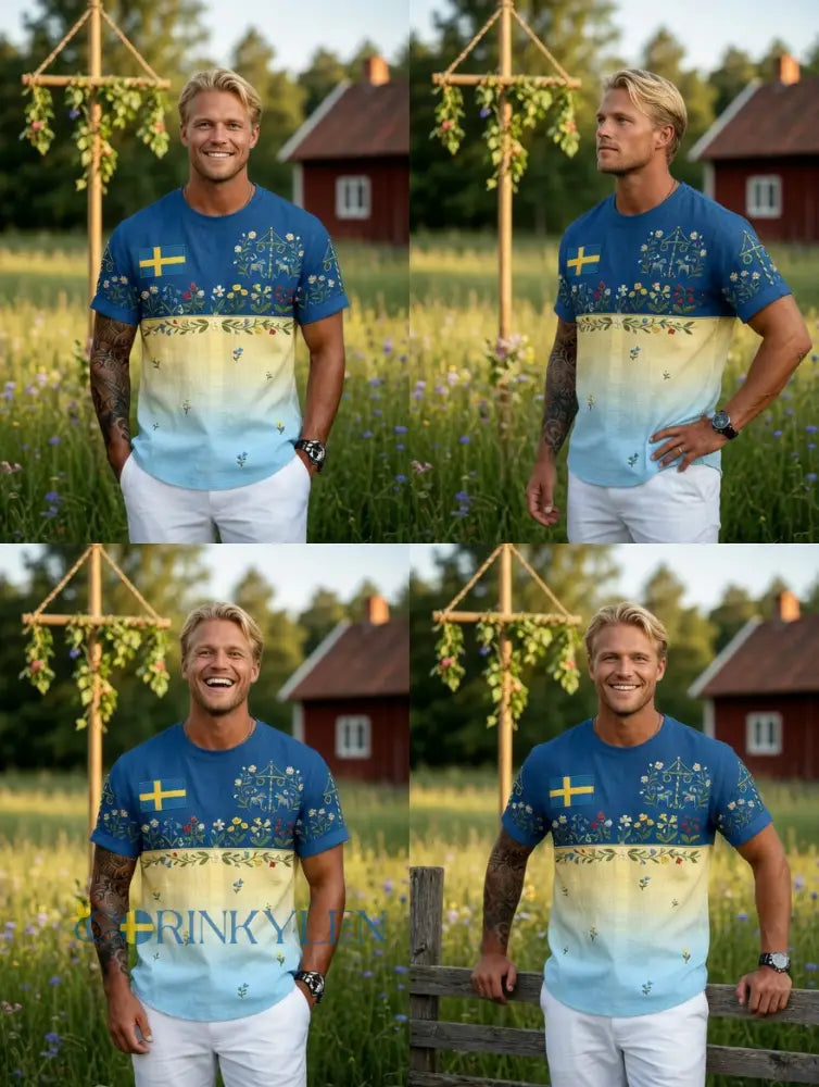 Herrretro svensk midsommarfolkalinsk bomull-linne t-shirt med korta ärmarna