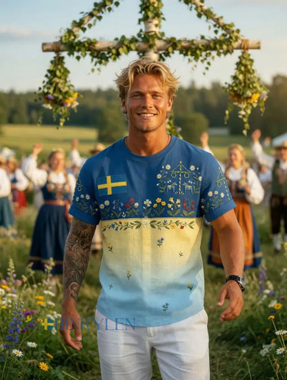 Herrretro svensk midsommarfolkalinsk bomull-linne t-shirt med korta ärmarna