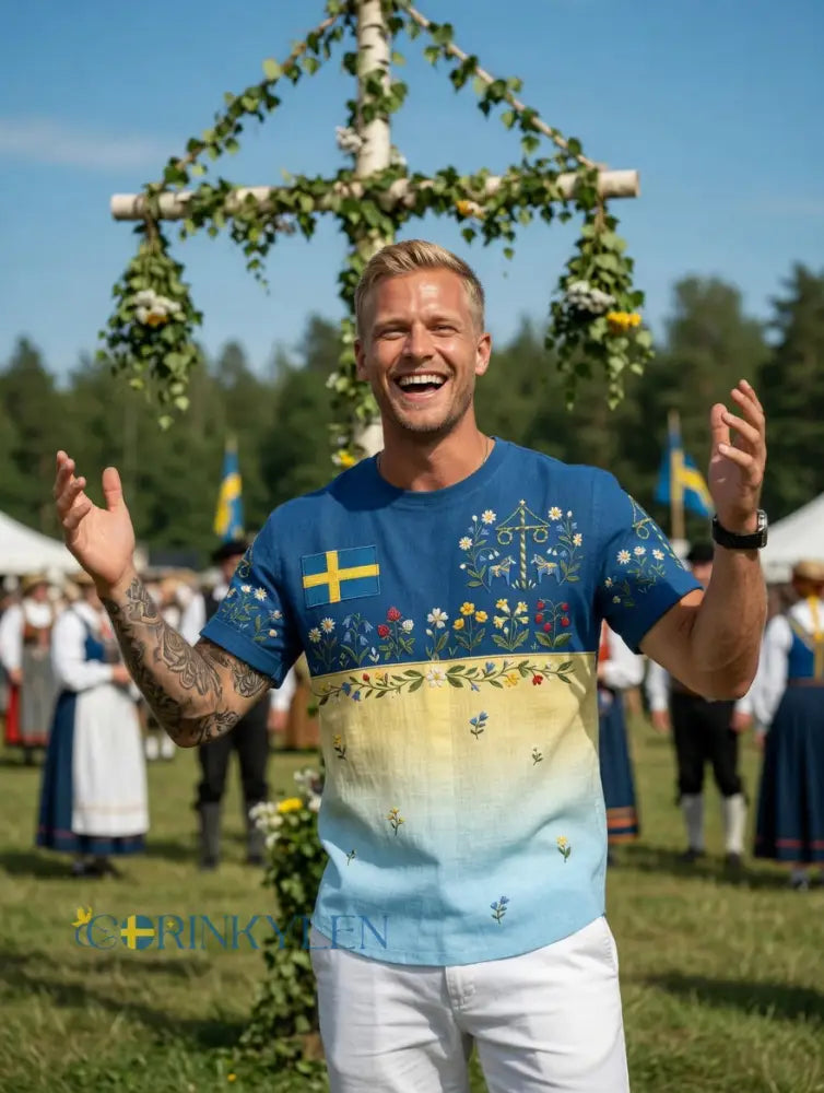 Herrretro svensk midsommarfolkalinsk bomull-linne t-shirt med korta ärmarna