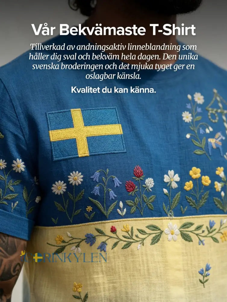 Herrretro svensk midsommarfolkalinsk bomull-linne t-shirt med korta ärmarna
