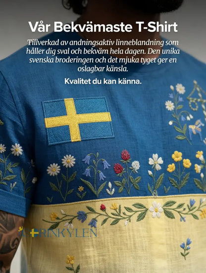Herrretro svensk midsommarfolkalinsk bomull-linne t-shirt med korta ärmarna
