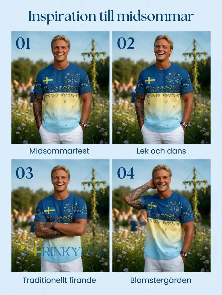 Herrretro svensk midsommarfolkalinsk bomull-linne t-shirt med korta ärmarna