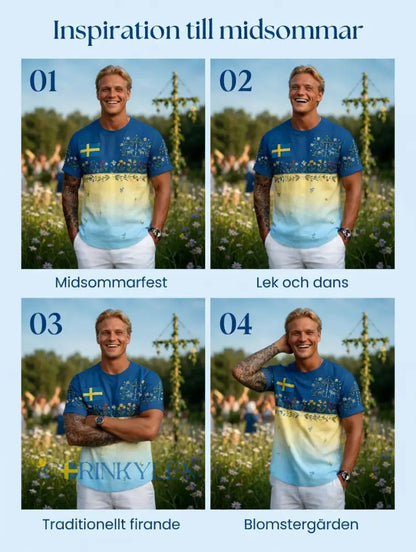 Herrretro svensk midsommarfolkalinsk bomull-linne t-shirt med korta ärmarna