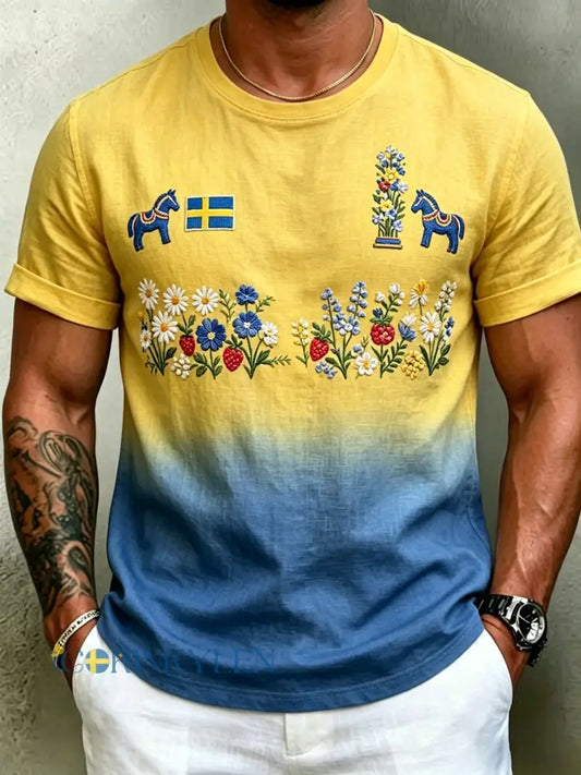 Herrretro svensk midsommarfolkalinsk bomull-linne t-shirt med korta ärmarna - blå / S