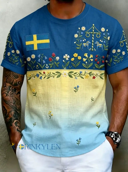 Herrretro svensk midsommarfolkalinsk bomull-linne t-shirt med korta ärmarna - Blue / S