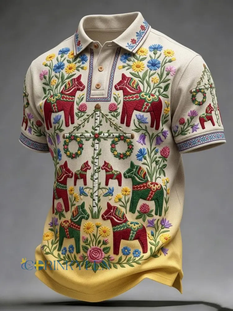 Herrretro svensk midsommarfolkblommig polotröja med korta ärmar - Aprikot / S