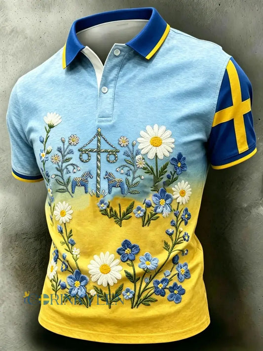 Herrretro svensk midsommarfolkblommig polotröja med korta ärmar - blå / S