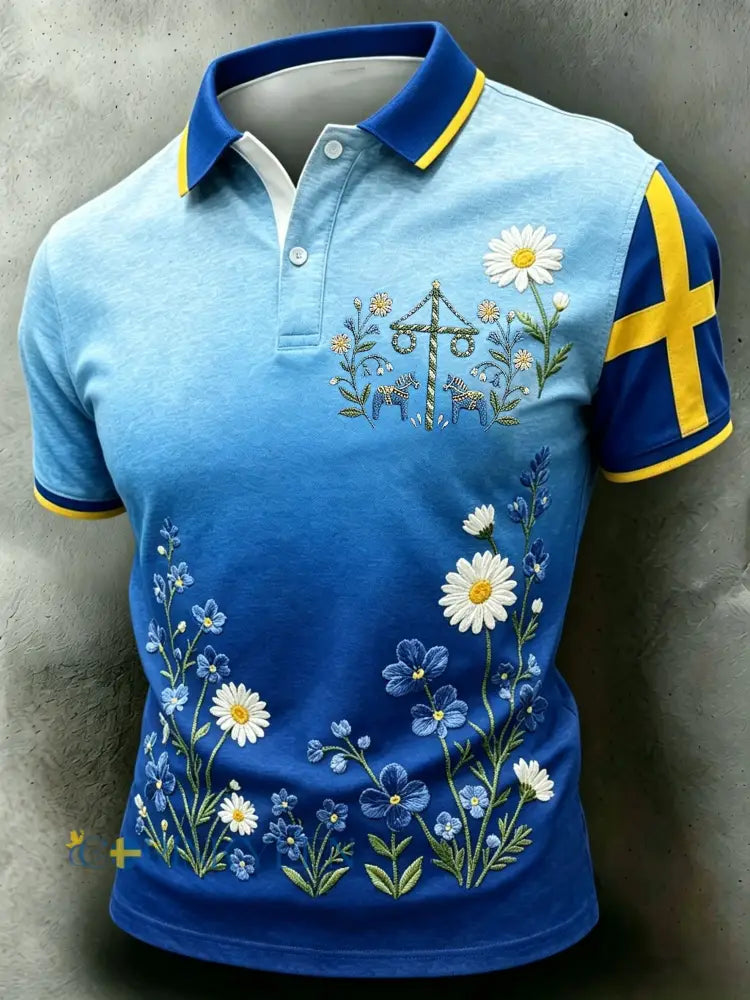Herrretro svensk midsommarfolkblommig polotröja med korta ärmar - blå / S