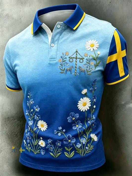 Herrretro svensk midsommarfolkblommig polotröja med korta ärmar - blå / S