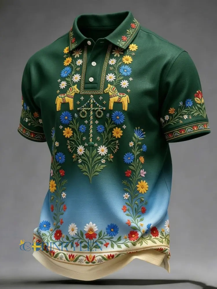Herrretro svensk midsommarfolkblommig polotröja med korta ärmar - grönt / S