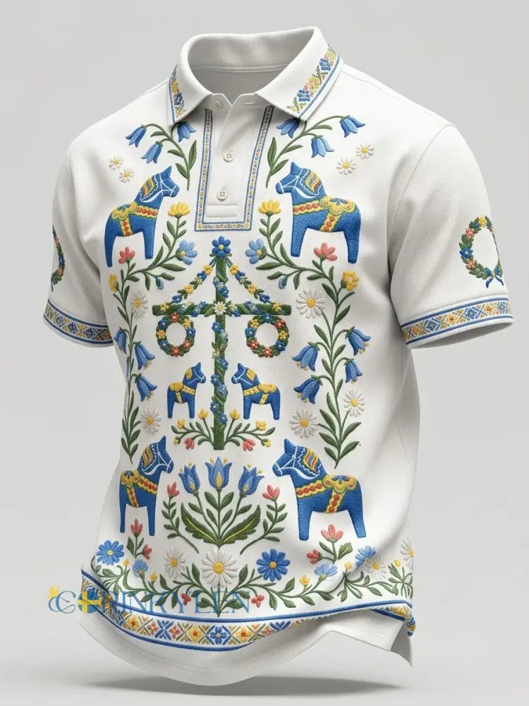 Herrretro svensk midsommarfolkblommig polotröja med korta ärmar - vitt / S