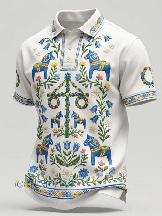 Herrretro svensk midsommarfolkblommig polotröja med korta ärmar - vitt / S