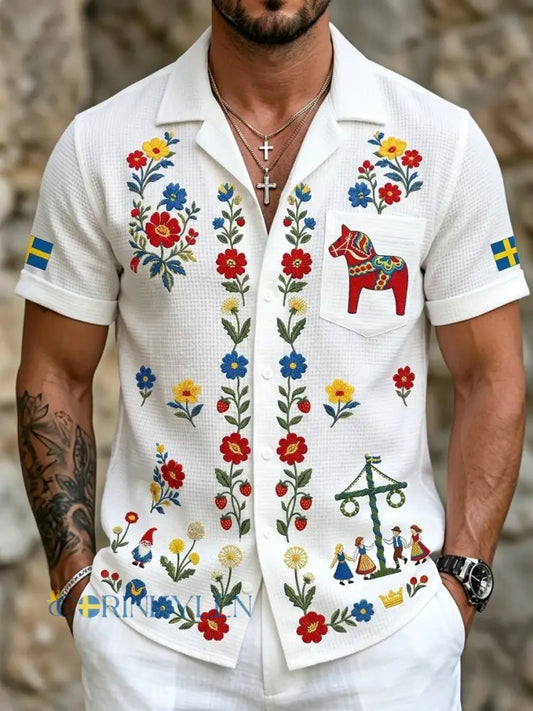 Herrretro svensk midsommarfolkblommig våffeltröja med korta ärmar - vitt / S