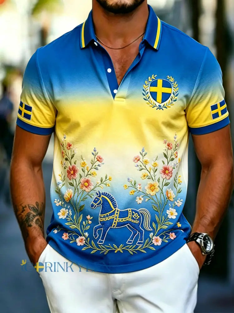 Herrretro svensk midsommargraderad casual polotröja - flerlog / S