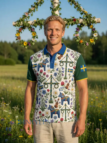 Herrretro svensk midsommarkonsttryck polotröja med korta ärmar