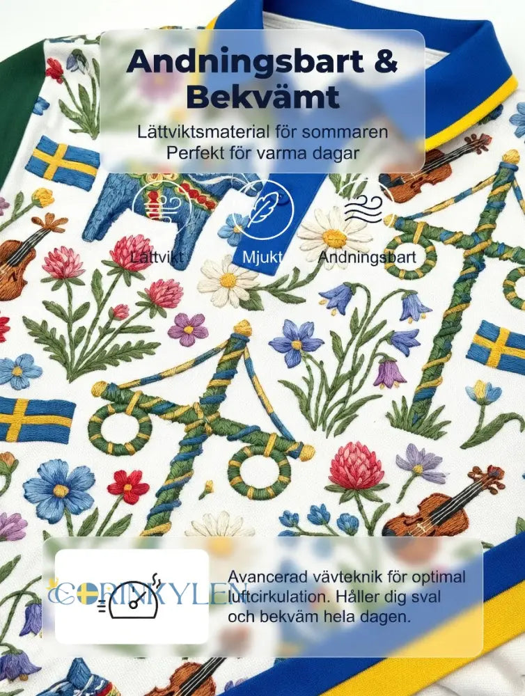 Herrretro svensk midsommarkonsttryck polotröja med korta ärmar