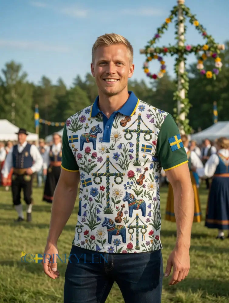 Herrretro svensk midsommarkonsttryck polotröja med korta ärmar
